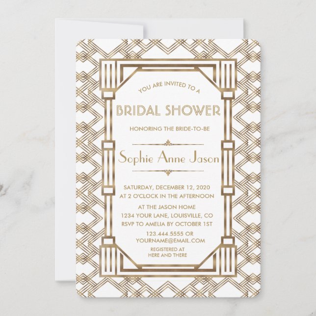 Invitation Glam White Gold Great Gatsby Fête des mariées (Devant)