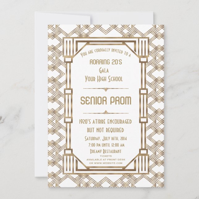 Invitation Glam White Gold Great Gatsby Senior Prom (Devant)