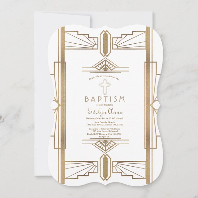 Invitation Glam White Roaring 20's Great Gatsby Baptism (Devant)