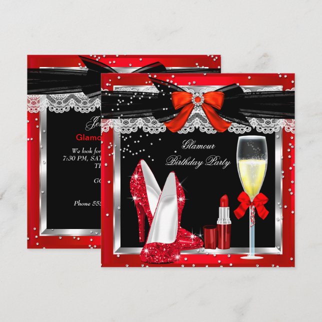 Invitation Glamor Red Parties scintillant talons Silver Champ (Devant / Derrière)