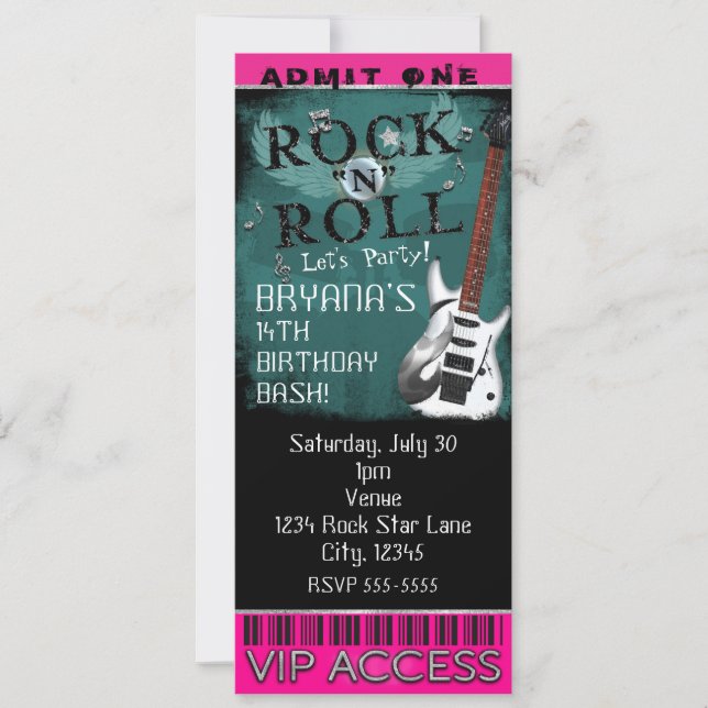 Invitation Glamor Rock N Roll Star Billet d'anniversaire VIP  (Devant)