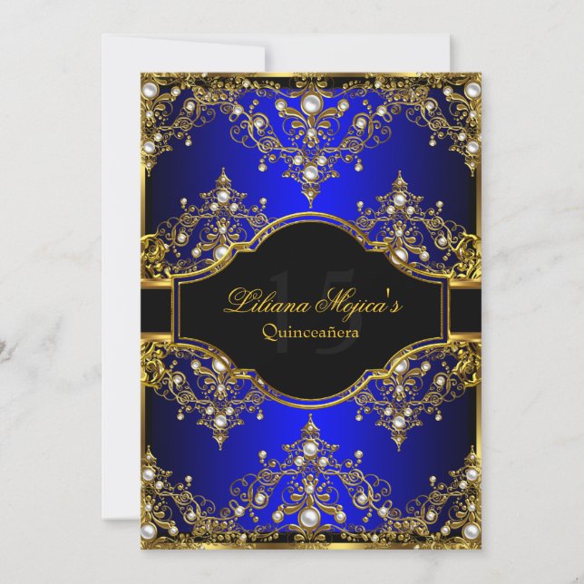 Invitation Glamor Vintage Pearl bleu or Quinceanera (Devant)