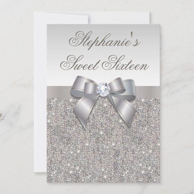 Invitation Glamorisant sucré 16 Faux Séquins d'argent et bow (Devant)