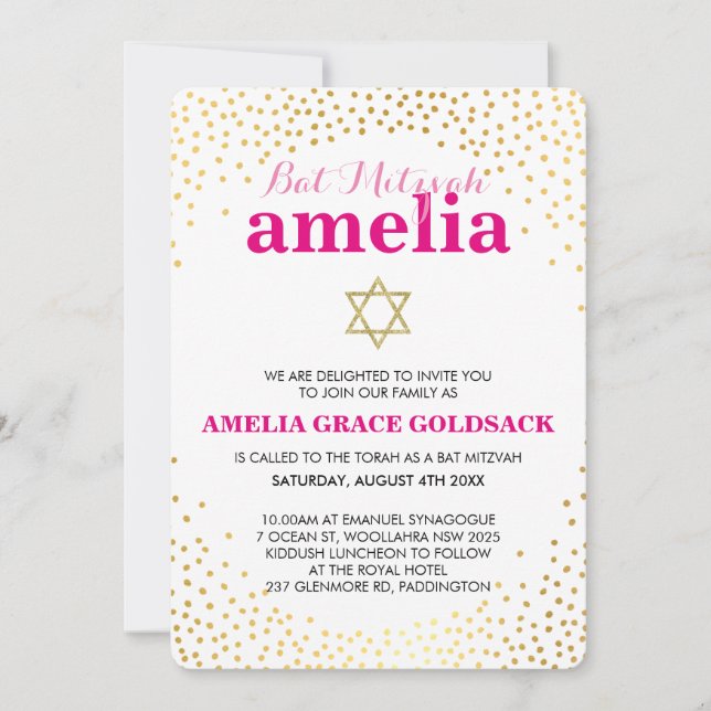 Invitation GLAMOROUS BAT MITZVAH rustique en or confetti rose (Devant)
