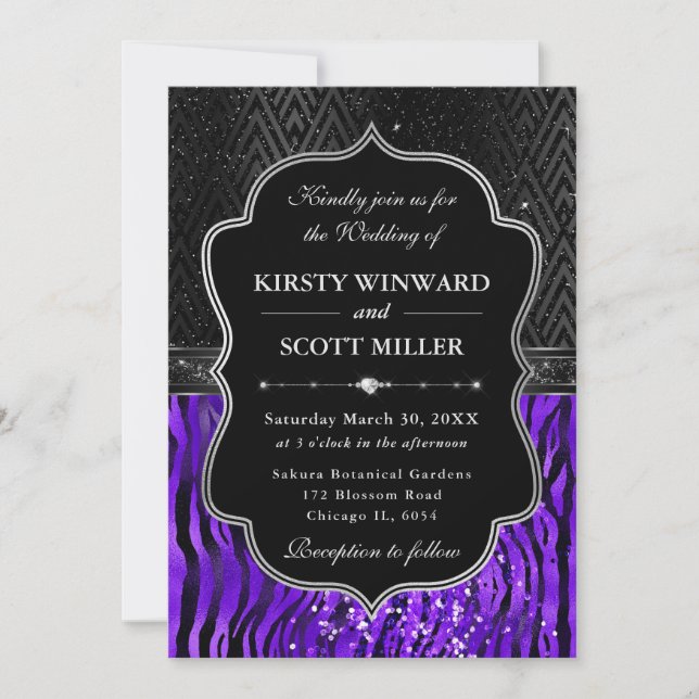 Invitation Glamorous Black Purple Tiger Stripes Wedding (Devant)