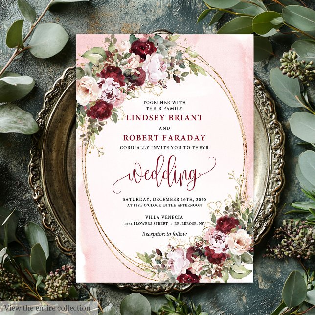 Invitation Glamorous Boho Burgundy Blush Gold Roses Wedding  (Glamorous Boho Burgundy Blush Gold Roses Wedding Invite

)