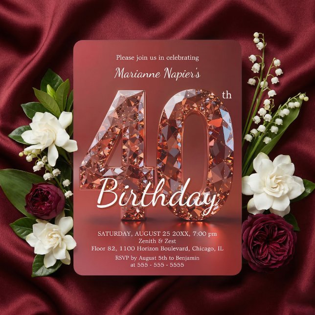 Invitation Glamorous Rose Gold Gemstone 40th Birthday (Créateur téléchargé)