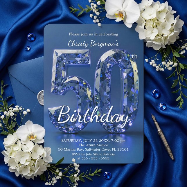Invitation Glamorous Sapphire Blue Diamond 50th Birthday (Créateur téléchargé)