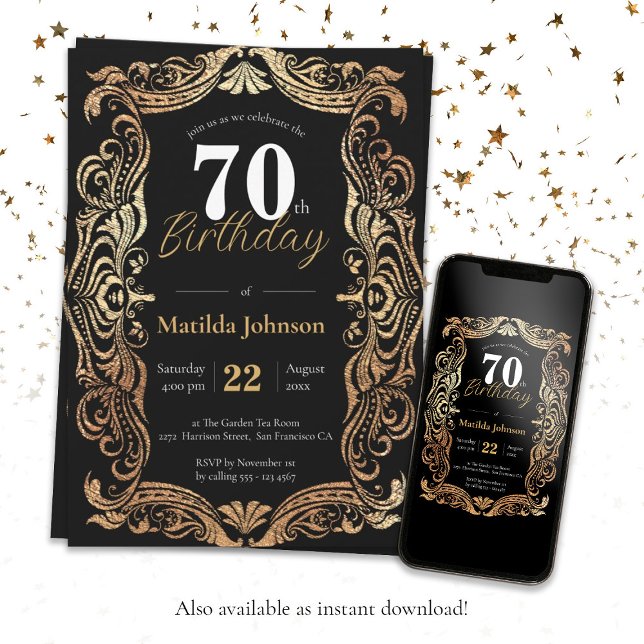 Invitation Glamour 70e anniversaire Gold Black Boho Elégant (Glamorous 70th Birthday Gold Black Boho Elegant Invitation)