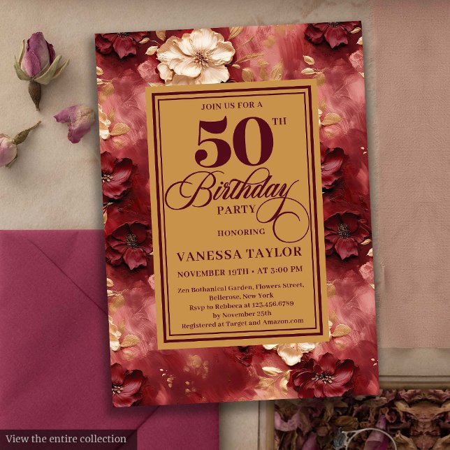 Invitation Glamour bordeaux roux roses 50e anniversaire (Glamorous burgundy blush gold roses 50th birthday card

)