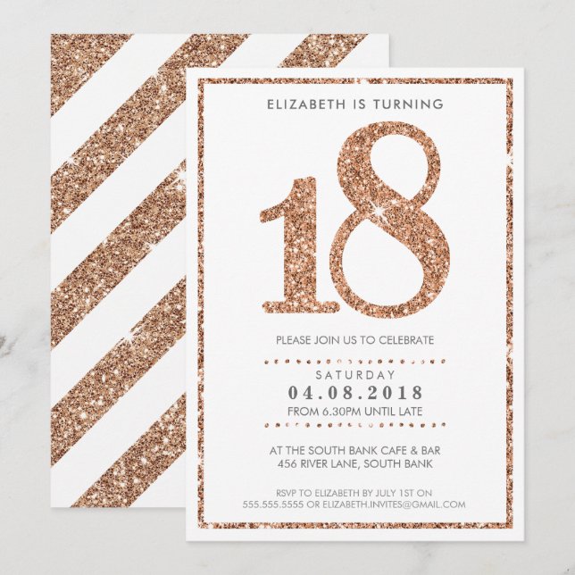 Invitation  glamour d'anniversaire avec âge en GRAND 18 ans e (Devant / Derrière)