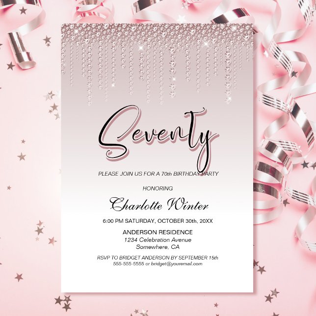 Invitation Glamour Dusty Rose Diamants roses 70e anniversaire (Créateur téléchargé)