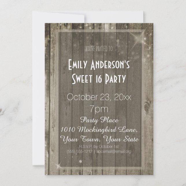 Invitation Glamour en bois rustique doux 16 Anniversaire (Devant)