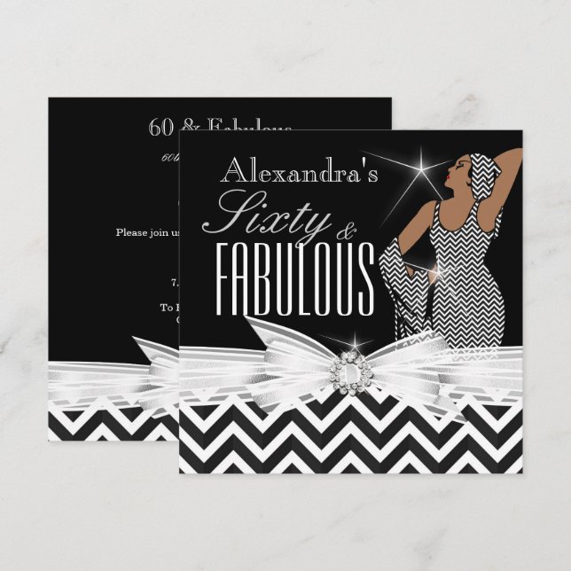 Invitation Glamour Fabulous 60 Chevron Noir Blanc Anniversair (Devant / Derrière)