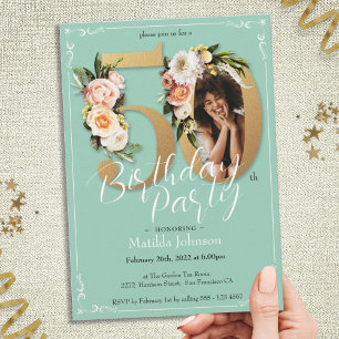 Invitation Glamour Floral Gold Photo 50e fête d'anniversaire