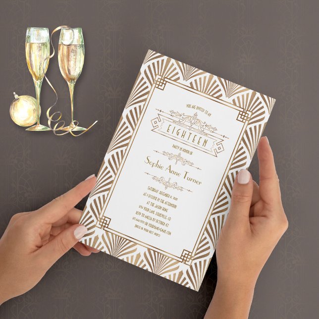 Invitation Glamour Gold Art Déco Great Gatsby 18e anniversair (great gatsby eighteen birthday, roaring 20s birthday, 18th birthday invitation)