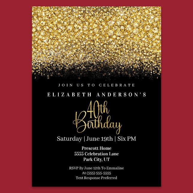Invitation Glamour Gold Jeweled Glitter 40th Birthday (Créateur téléchargé)