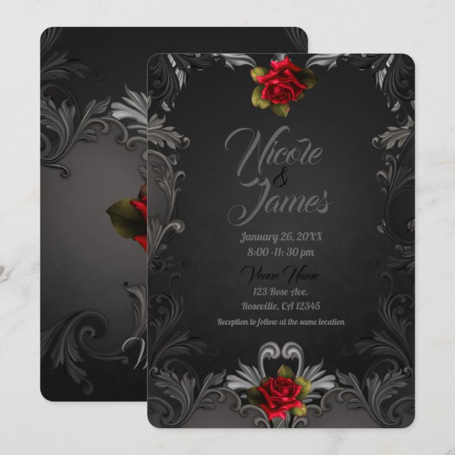 Invitation Glamour gothique Rose rouge Noir Mariage ornementa (Devant / Derrière)