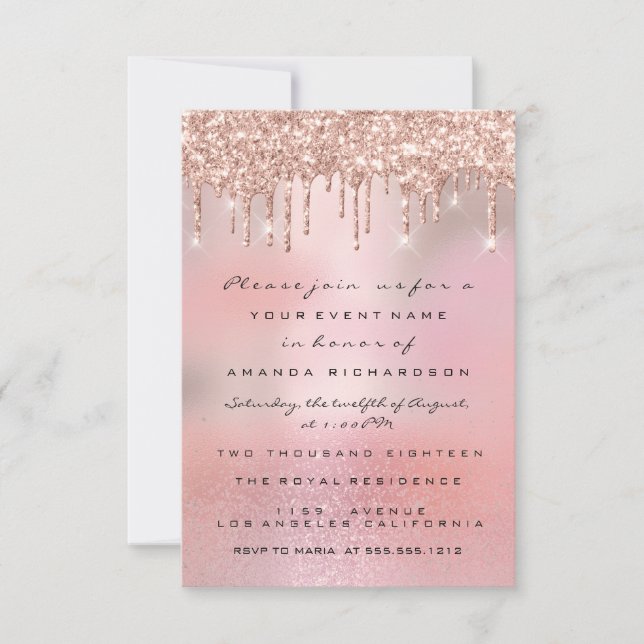 Invitation Glamour Paillettes Roses Dorées Mariage Douzième (Devant)