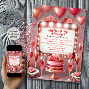 Invitation Glamour rose et rouge Fête de la Saint-Galentin