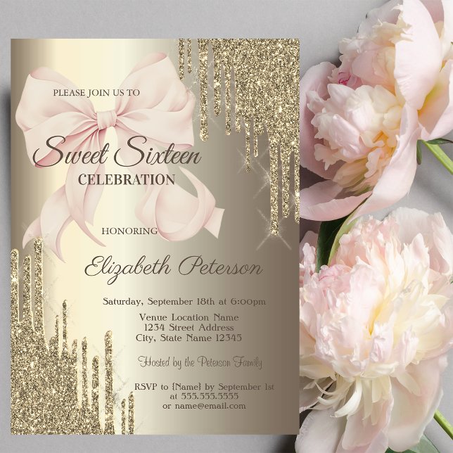 Invitation Glamour Rose Paillettes Champagne Sweet 16 (Créateur téléchargé)