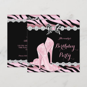 Invitation Glamour rose Zebra Haut talons fête d'anniversaire
