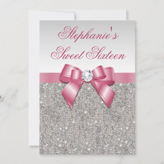 Invitation Glamour sucré 16 Faux Séquins d'argent Bow rose (Devant)