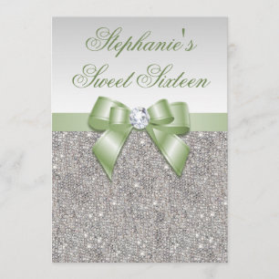 Invitation Glamour sucré 16 Faux Séquins d'argent Bow vert
