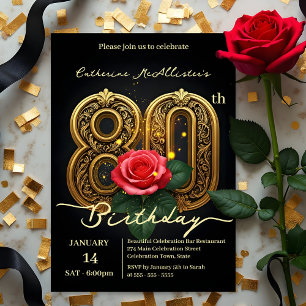 Invitation Glamour vintage Rouge Rose Gold Numéro 80e anniver