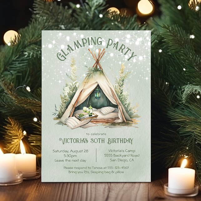 Invitation Glamping Tente Adulte Anniversaire Dormir (Créateur téléchargé)
