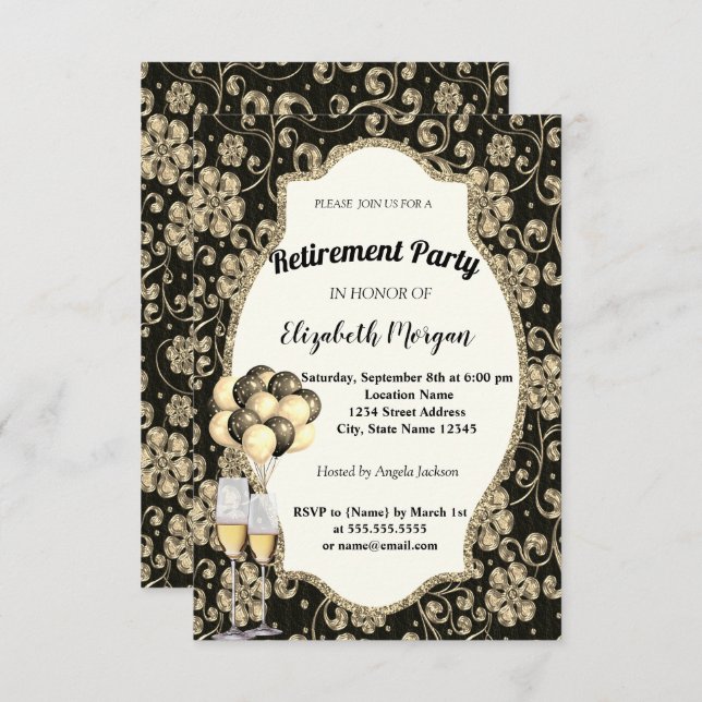 Invitation Glas à vin, Ballons, Parti de retraite (Devant / Derrière)