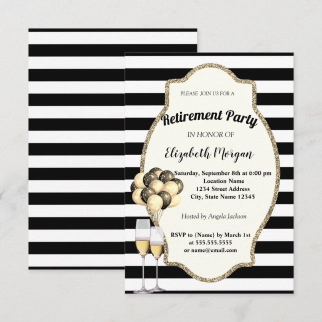 Invitation Glas de vin en rayures noires, Ballons, Parti de r (Devant / Derrière)