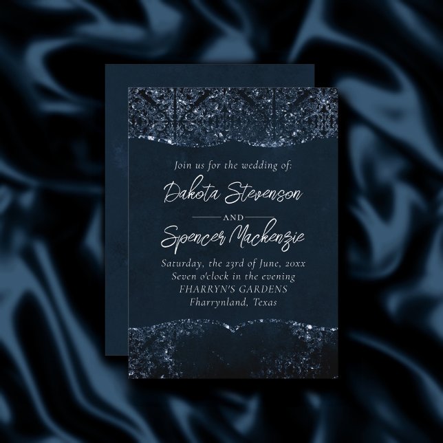 Invitation Glimmery Navy Grunge | Sombre Sapphire bleu Damas (Créateur téléchargé)