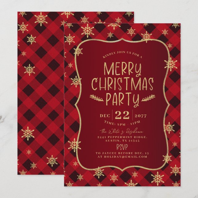 Invitation Gliterie d'or Flocon de neige Fête de Noël Rouge P (Devant / Derrière)