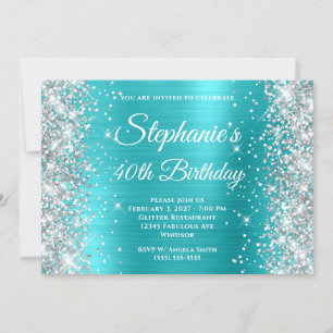 Invitation Glitter Argent Aqua Bleu Monogram 40e Anniversaire