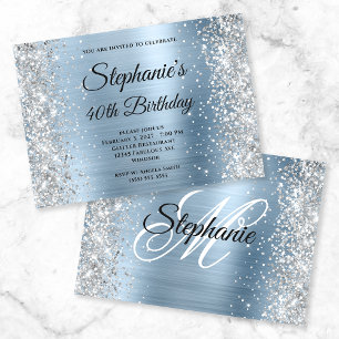 Invitation Glitter Argent Légère Monogramme 40e Anniversaire
