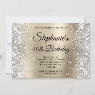 Invitation Glitter Argent Or Pâle Monogram 40e Anniversaire