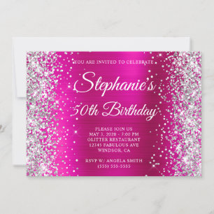 Invitation Glitter Argent Rose Chaude Monogramme 50e Annivers