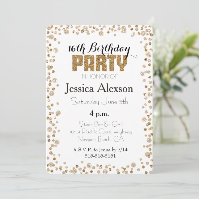 Invitation Glitter Confettis Dorés 16e Anniversaire (Debout devant)