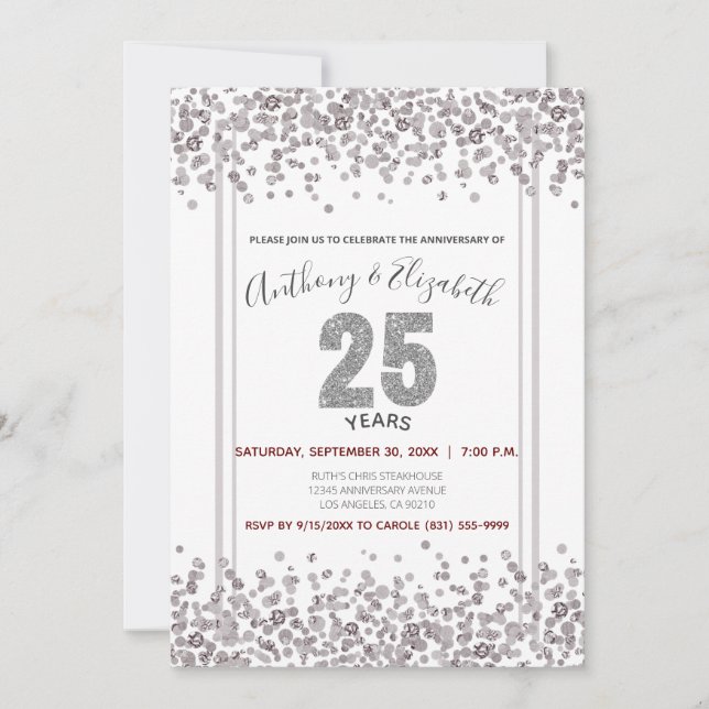 Invitation Glitter de confettis argentés pour 25e anniversair (Devant)