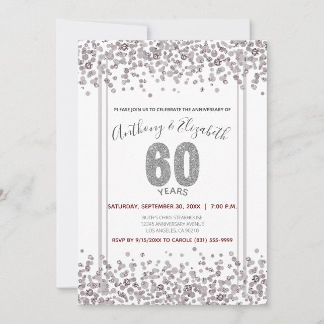 Invitation Glitter de confettis argentés pour les 60 ans (Devant)