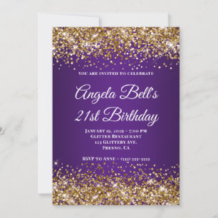 Invitation Glitter Doré Monogramme Violet Royal 21e Anniversa