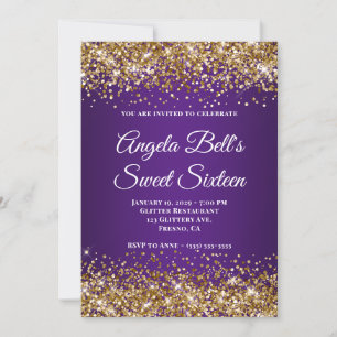 Invitation Glitter Doré Monogramme Violet Royal Sweet Seize