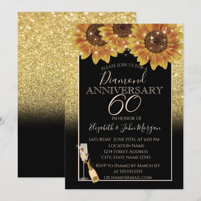 Invitation Glitter doré, Vin, Verre, Tournesols Anniversaire (Devant / Derrière)