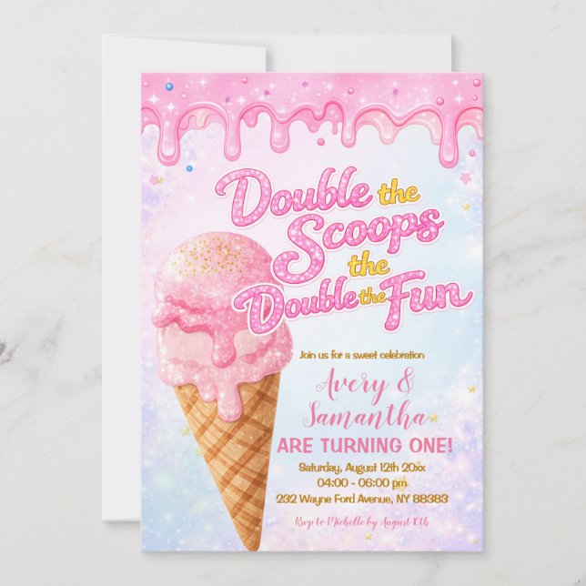 Invitation Glitter Double the Scoops Birthday Pastel Sparkle (Devant)