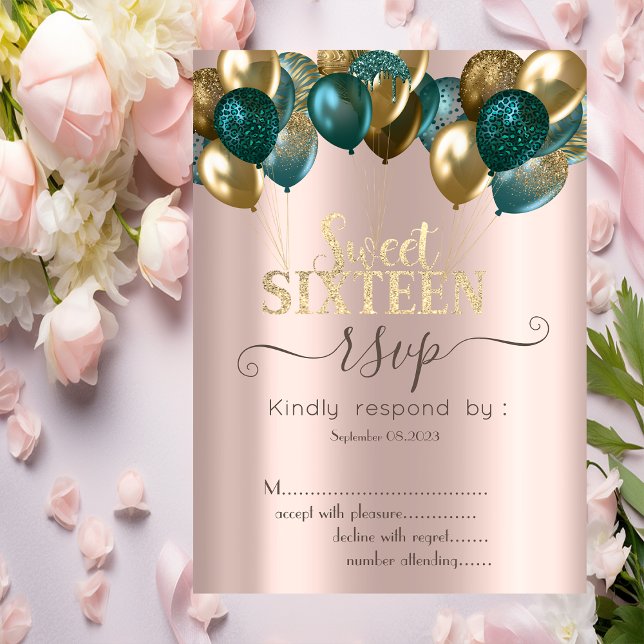 Invitation  Glitter Drips Ballons Rose Gold Réponse 16 ans  (Créateur téléchargé)