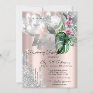 Invitation Glitter Drips Balloons Fleurs Tropicales 40ème