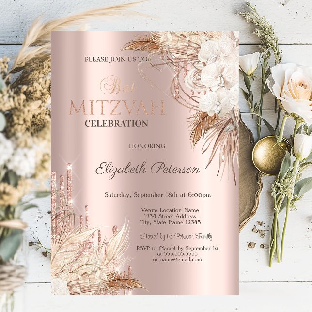 Invitation Glitter Drips Boho Fleurs Rose Gold Bat Mitzvah   (Créateur téléchargé)