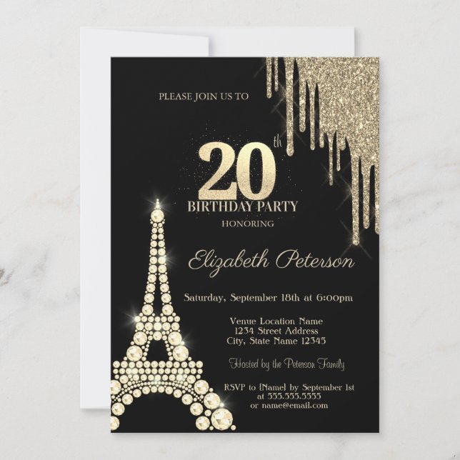 Invitation Glitter Drips,Eiffel Tower Diamonds 20th Birthday (Devant)