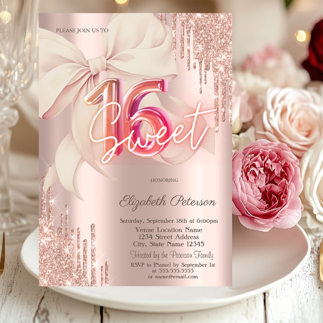 Invitation Glitter Drips Pink Bow Rose Gold Shiny Sweet 16 (Créateur téléchargé)